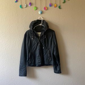 faux leather jacket from Macy’s, sweatshirt hood
